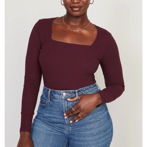 Old Navy Bodysuit Womens XL Burgundy Ribbed Square Neck Stretch Casual NWT - Picture 1 of 10